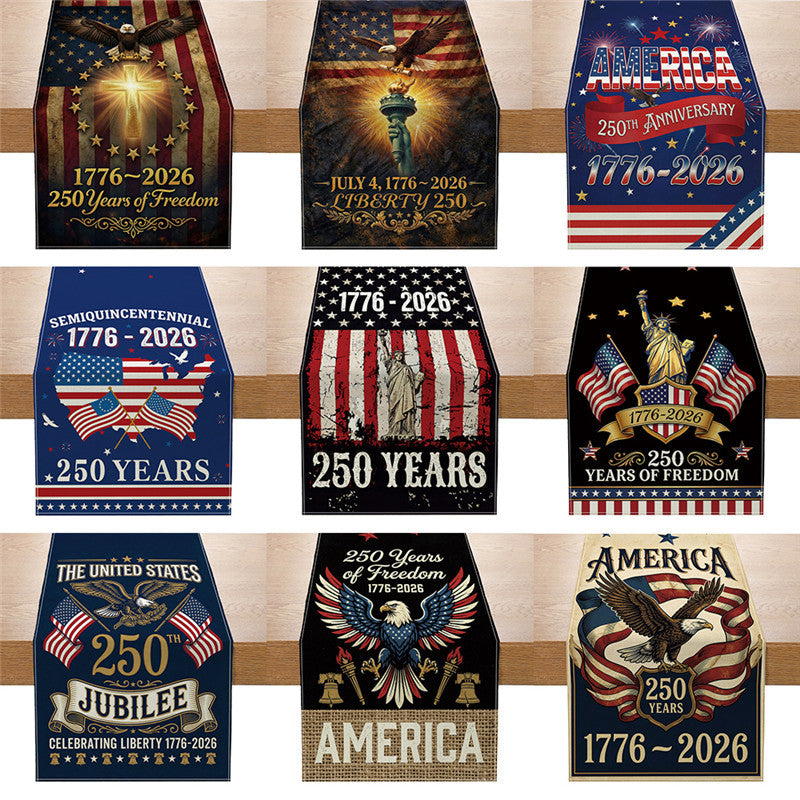 Patriotic Cotton-Linen Table Runner with Statue of Liberty and American Flag Print