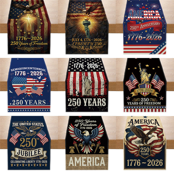 Patriotic Cotton-Linen Table Runner with Statue of Liberty and American Flag Print