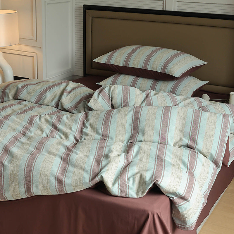 Striped Textured Cotton-Linen Reversible Duvet Cover Set with Pillow Shams