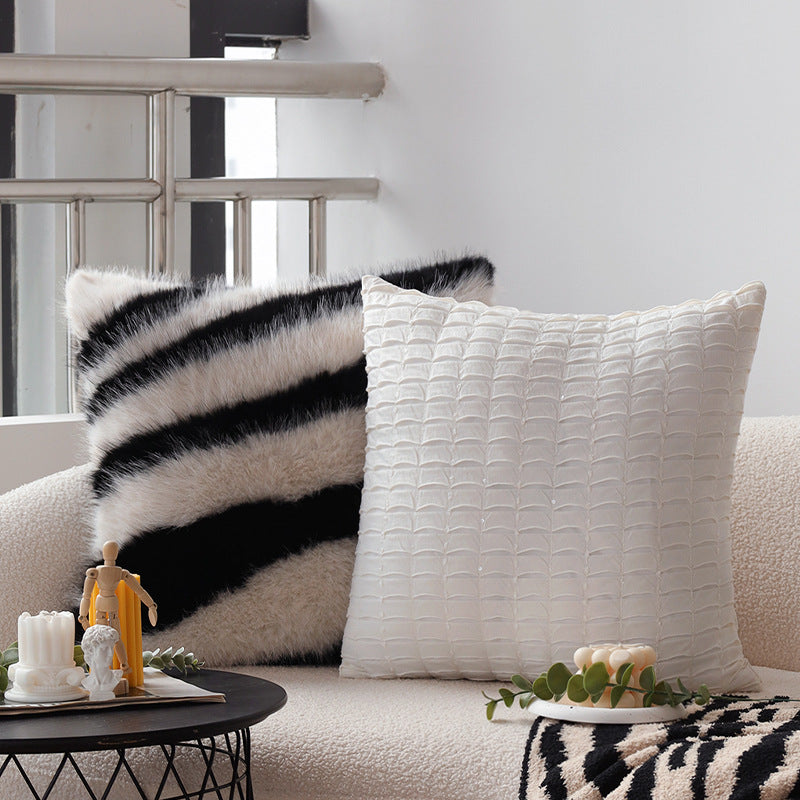 Square fluffy artificial fur cushion cover in zebra look Stornfield