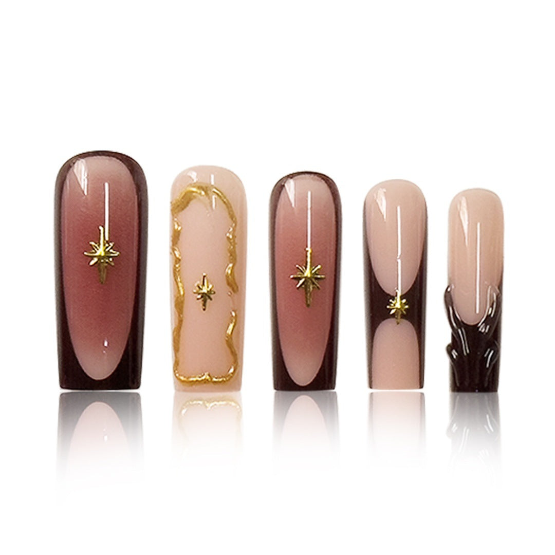 Artistic Long Press-On Nail Art Extensions with Gold Detailing Stornfield