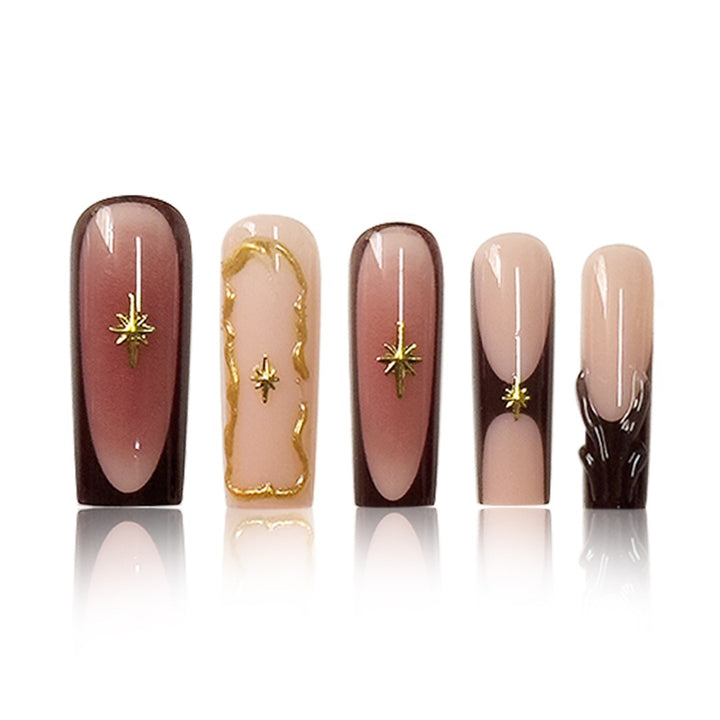 Artistic Long Press-On Nail Art Extensions with Gold Detailing Stornfield