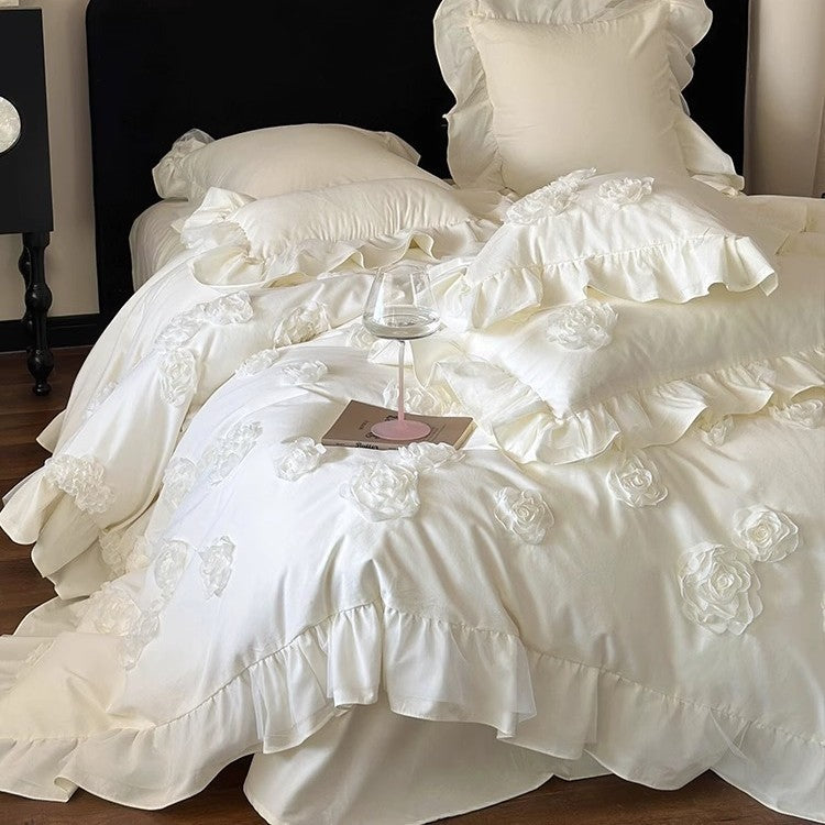 Luxury Appliqué Rose Ruffled Duvet Cover Set with Frilled Pillow Shams