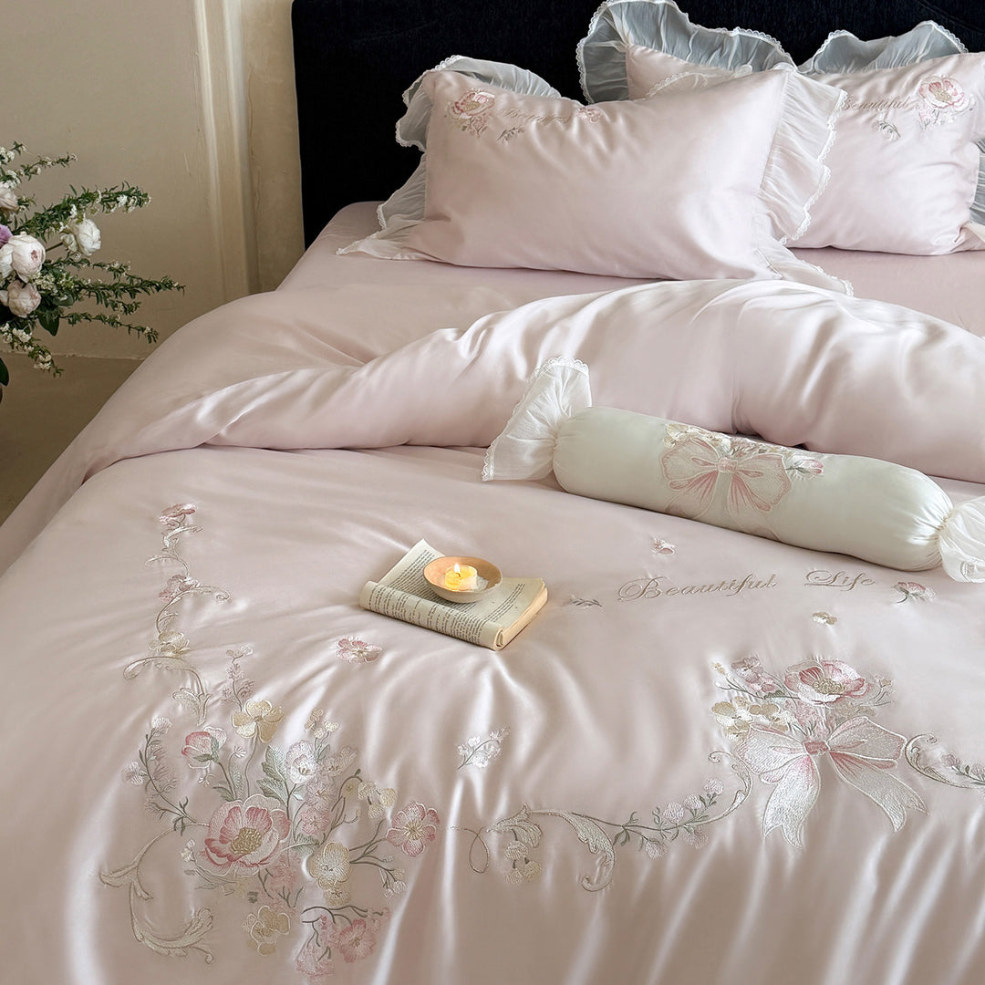 Luxury Floral-Embroidered Satin-Blend Duvet Cover Ensemble with Ruffled Sheer Skirt