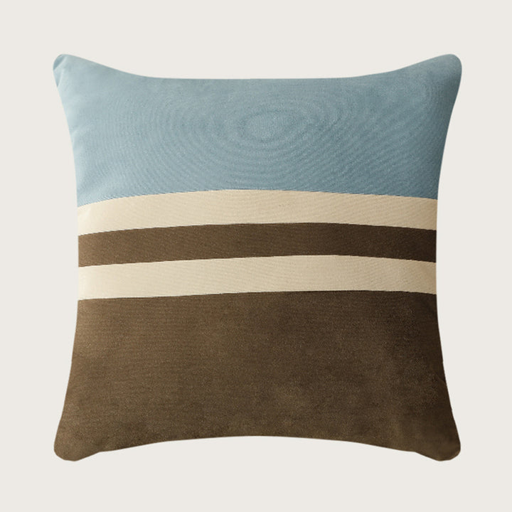 Square velvet decorative cushion with contrasting stripes and hidden zipper