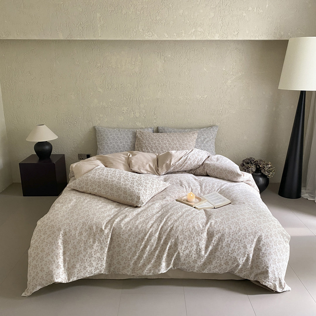 Floral Micro-Print Cotton Sateen Duvet Cover Set with Reversible Solid-Back and Pillow Shams