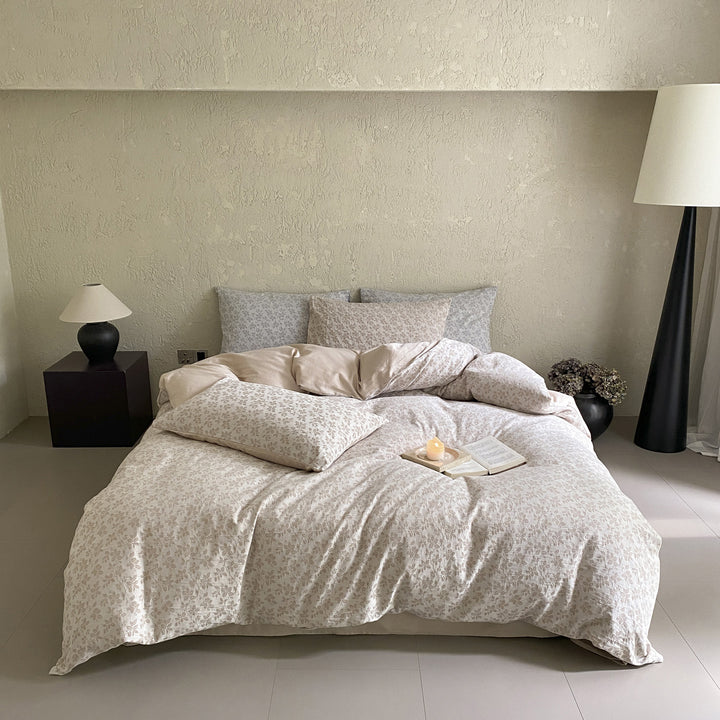 Floral Micro-Print Cotton Sateen Duvet Cover Set with Reversible Solid-Back and Pillow Shams