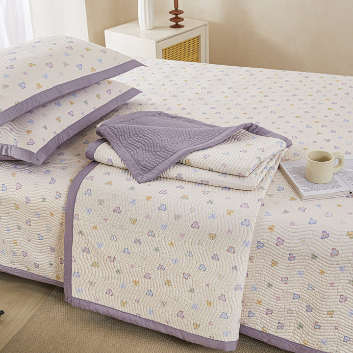 Quilted Floral Cotton Bedspread Set with Reversible Throw and Pillow Shams