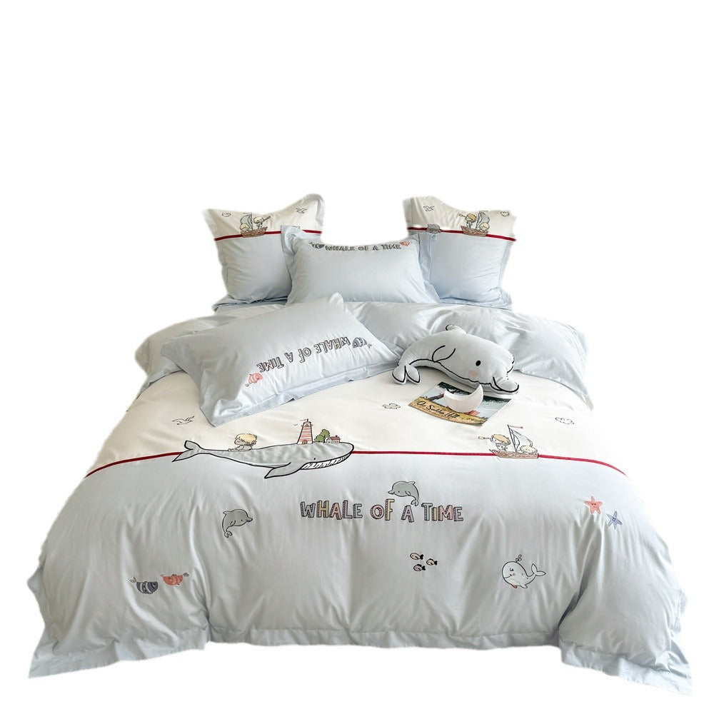 Children's Cotton Sateen Whale-Illustration Duvet Cover Set with Pillow Shams and Plush Accent Cushion