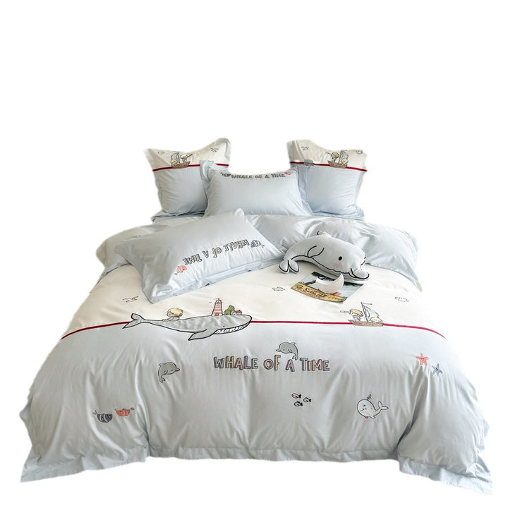 Children's Cotton Sateen Whale-Illustration Duvet Cover Set with Pillow Shams and Plush Accent Cushion