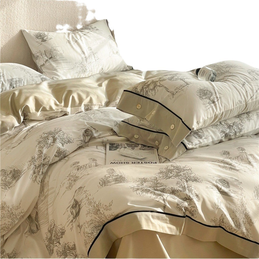 Luxurious Sateen Cotton Toile Duvet Cover and Pillowcase Bedding Set