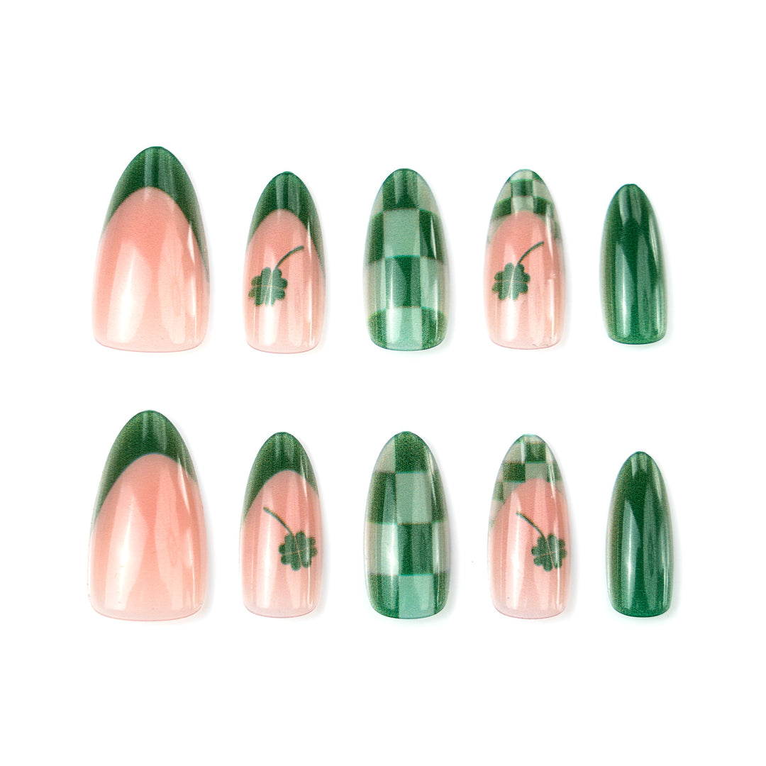 Themed Checkered Clover Press-On Nail Art