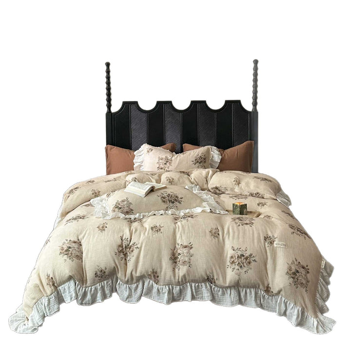 Crinkled Cotton Ruffled Duvet Cover Set with Floral Textured Finish & Frilled Shams