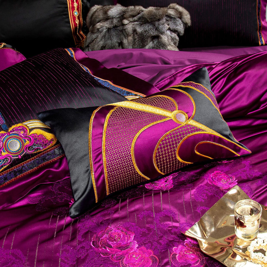 Opulent Satin Jacquard Duvet Cover Set with Embroidered Medallion Accents and Faux-Fur Throw