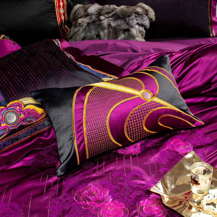 Opulent Satin Jacquard Duvet Cover Set with Embroidered Medallion Accents and Faux-Fur Throw