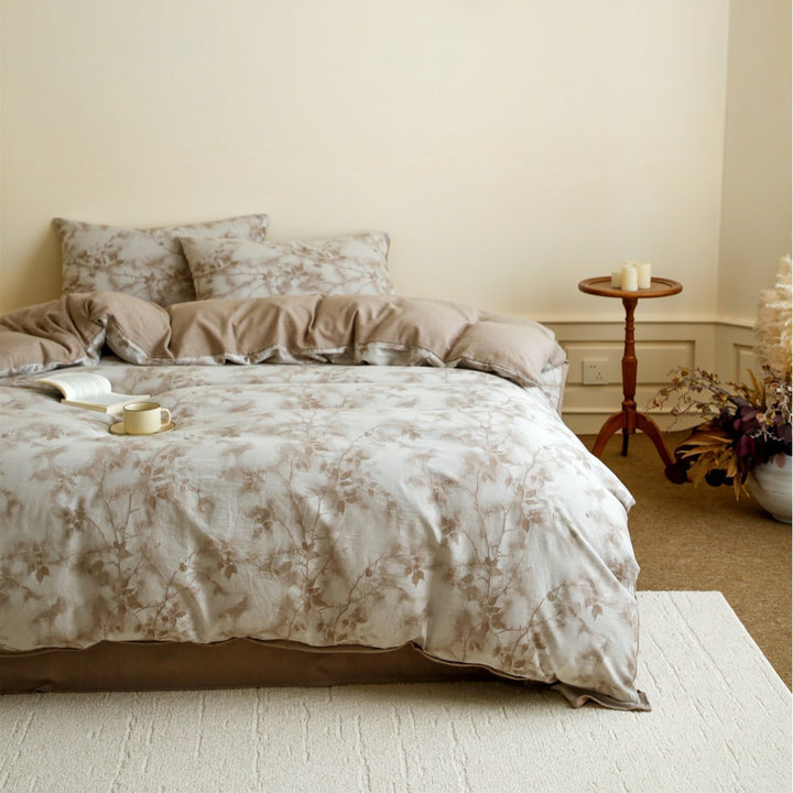 Breathable Organic Cotton Pinstripe Botanical Duvet Cover & Sham Set