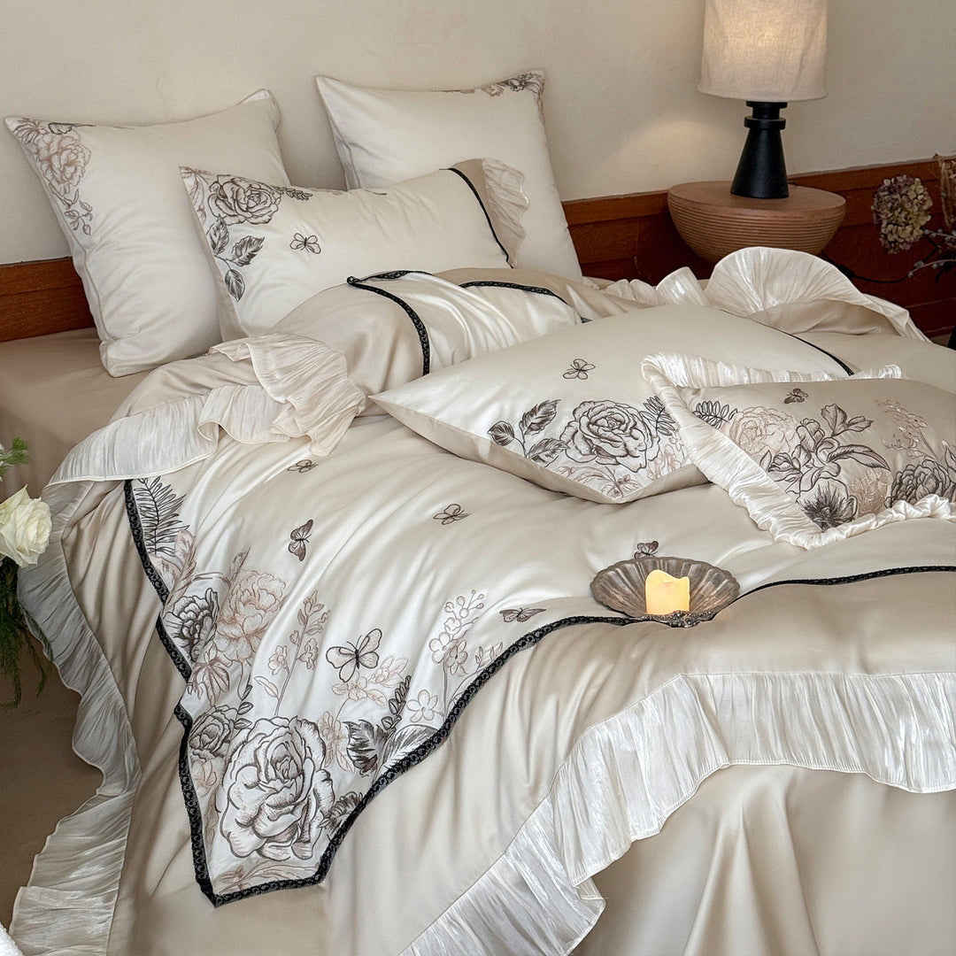 Silky Satin Floral Embroidered Ruffle Duvet Cover Ensemble with Pleated Bedskirt