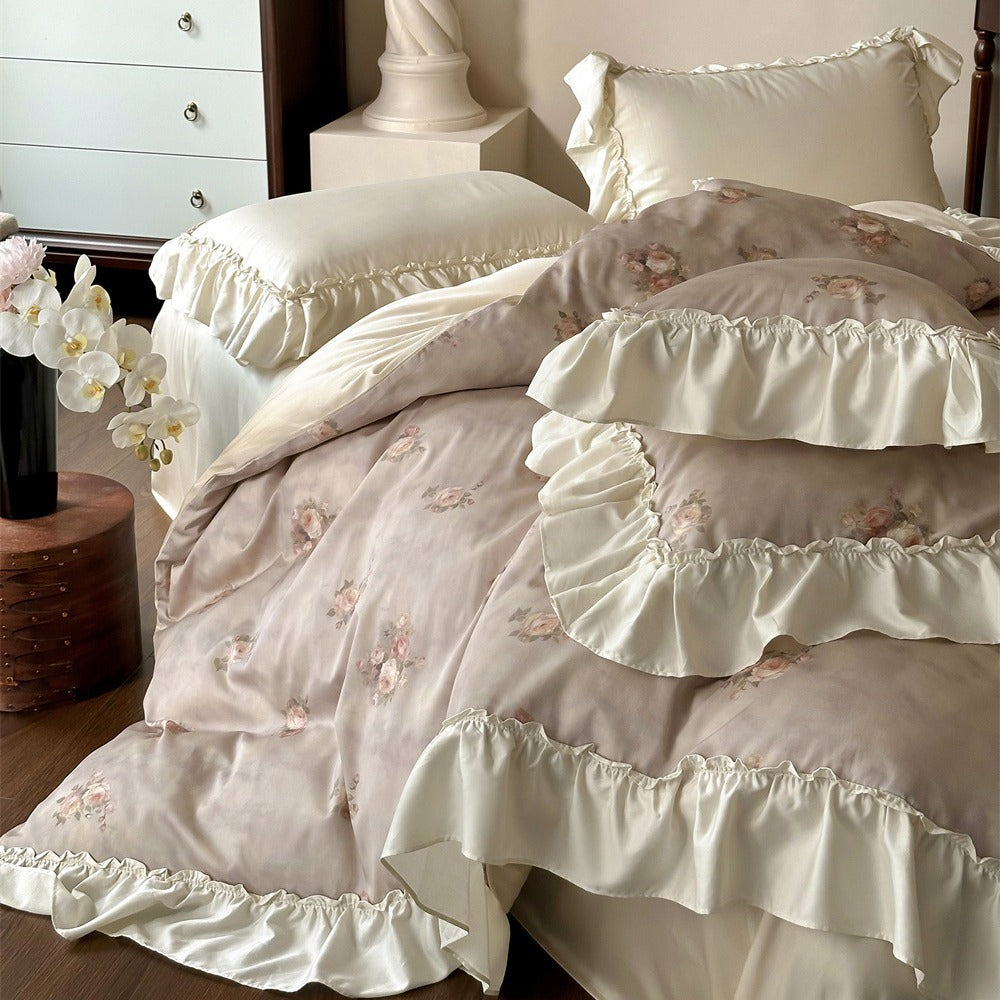 Vintage Ruffled Floral Duvet Cover Ensemble with Pillow Shams