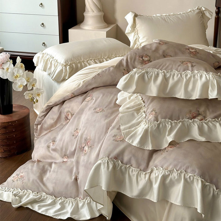 Vintage Ruffled Floral Duvet Cover Ensemble with Pillow Shams