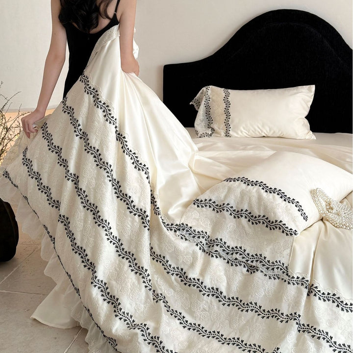 Embroidered Cotton Ruffled Duvet Cover Set with Eyelet Lace and Vine Stripe Motif