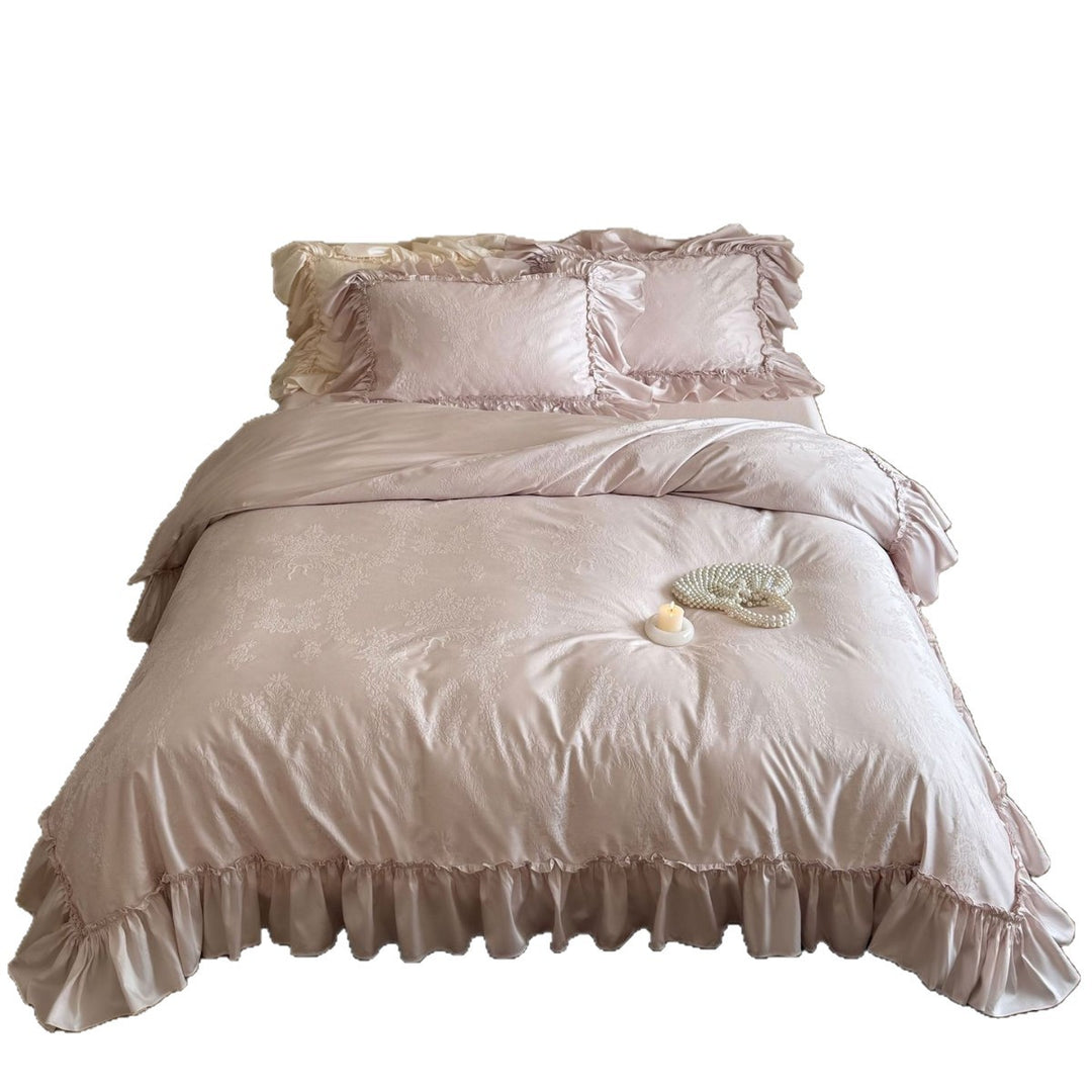 Ruffled Jacquard Floral Duvet Cover and Pillowcase Set