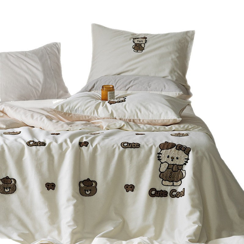 Embroidered Tufted Cotton Duvet Cover Set with Decorative Pillowcases