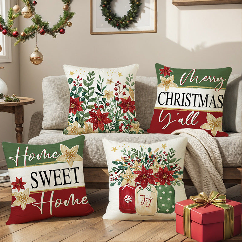 Holiday Cotton-Linen Square Throw Pillow Cover with 'Merry Christmas Y'all' Script and Gold Poinsettia Accents
