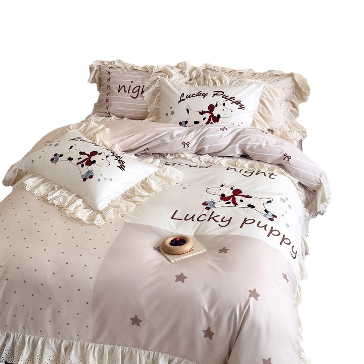 Ruffled Cotton Duvet Cover Set with Puppy Print and Eyelet Lace Trim