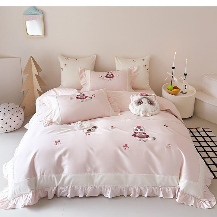 Ruffled Satin-Feel Embroidered Kitten Motif Duvet Cover Set with Plush Decorative Pillow
