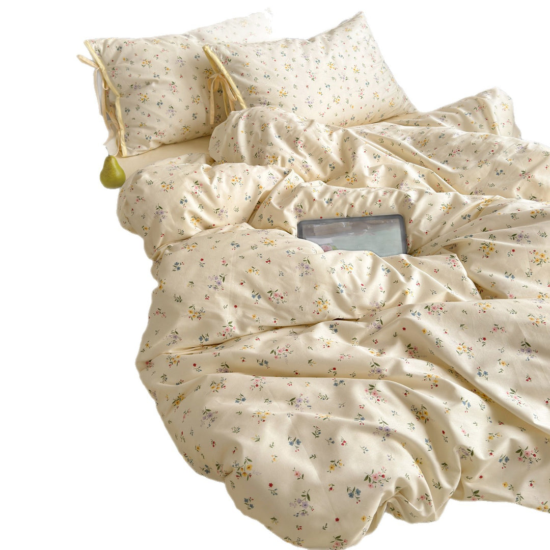Floral Tie-Closure Cotton-Blend Duvet Cover Set with Ruffled Edge Pillow Shams