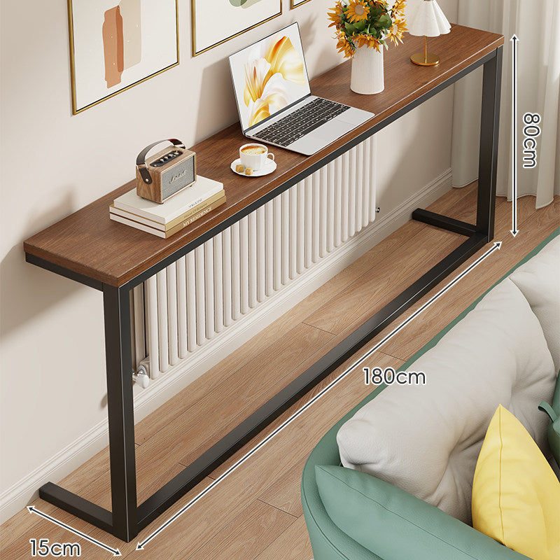Slim Narrow Console Table with White Metal Frame and Wood-Grain Top