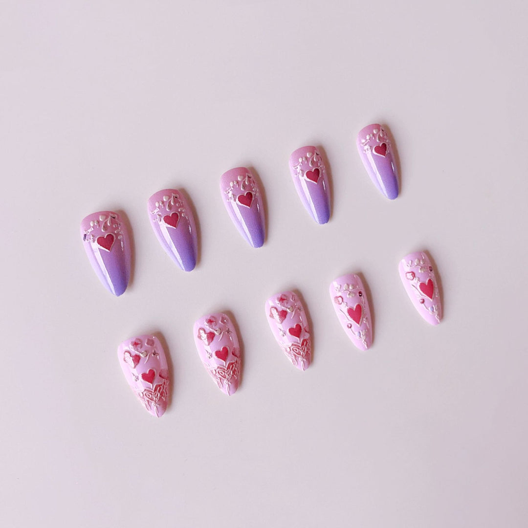 Artificial nail set with romantic heart and floral decorations Stornfield