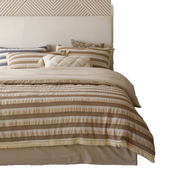 Striped Cotton-Linen Lightweight Quilted Duvet Cover Set with Fringed Edge