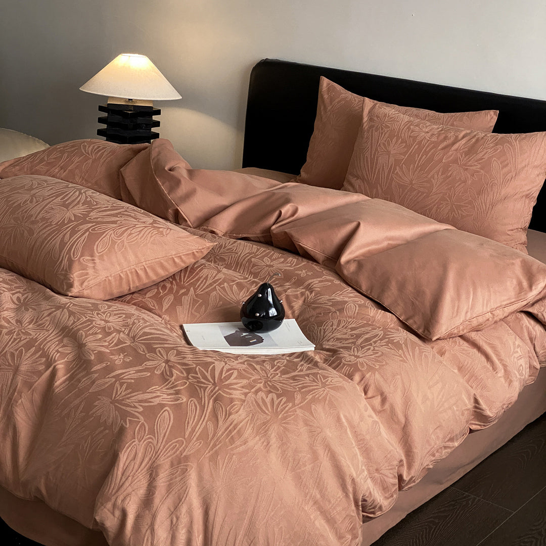 Jacquard bedding set made of cotton satin with floral relief and hotel closure