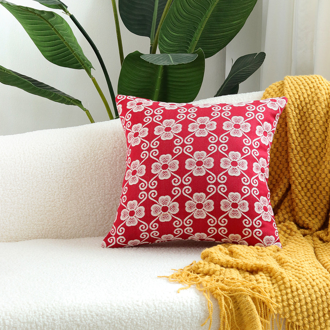 Square Embroidered Floral Jacquard Decorative Pillow Cover