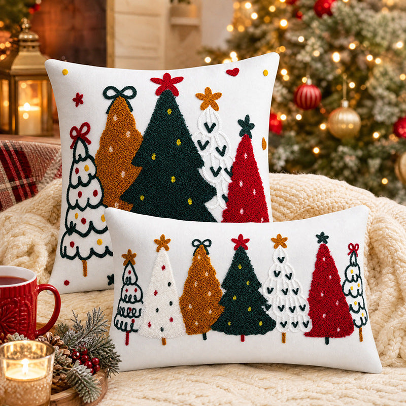 Festive Embroidered Christmas Throw Pillow Cover with Tufted Tree Appliqué