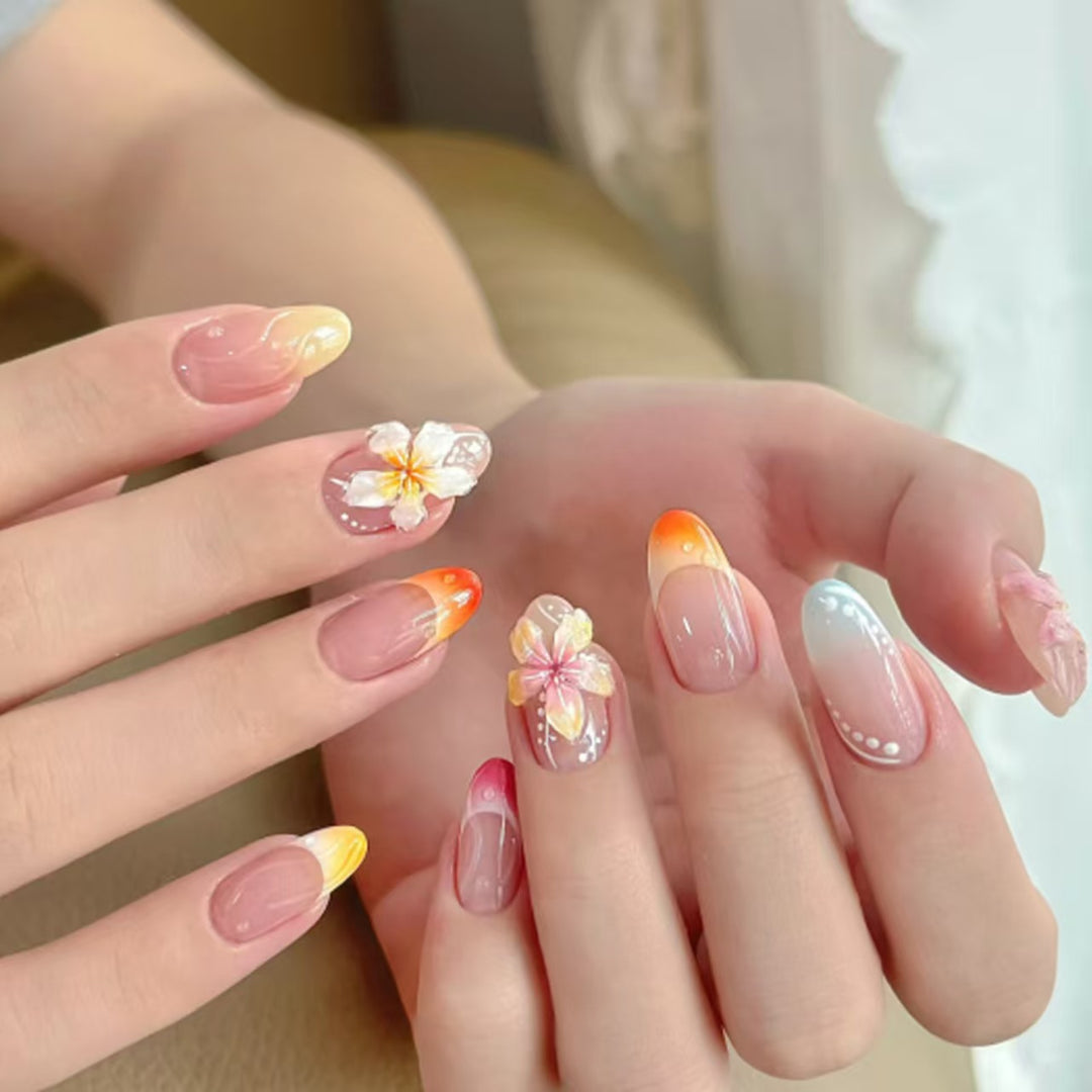 Artistic Press-On Nail Set with Floral and Ombré Designs Stornfield