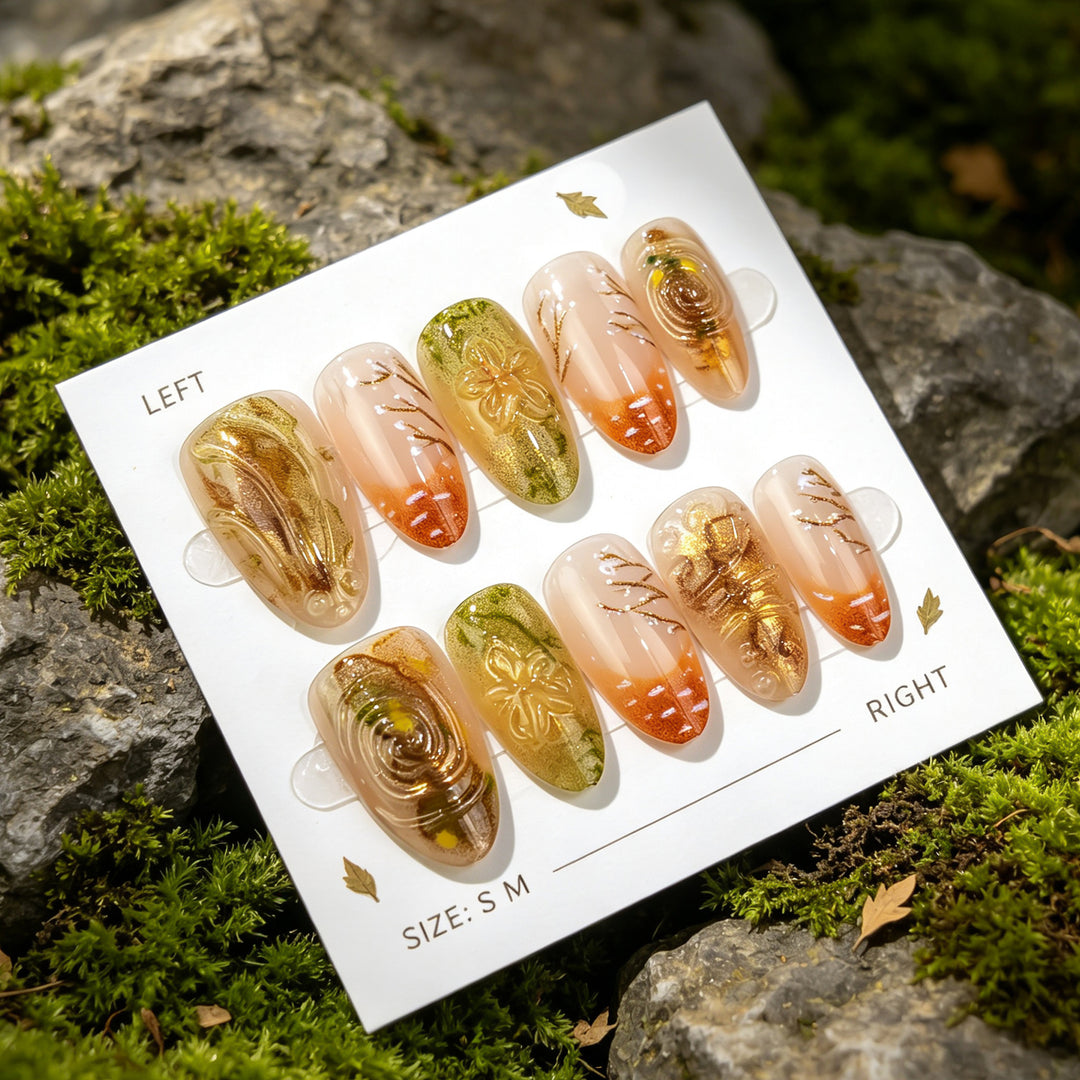 Artistic Press-On Nail Art Set with Floral Details Stornfield