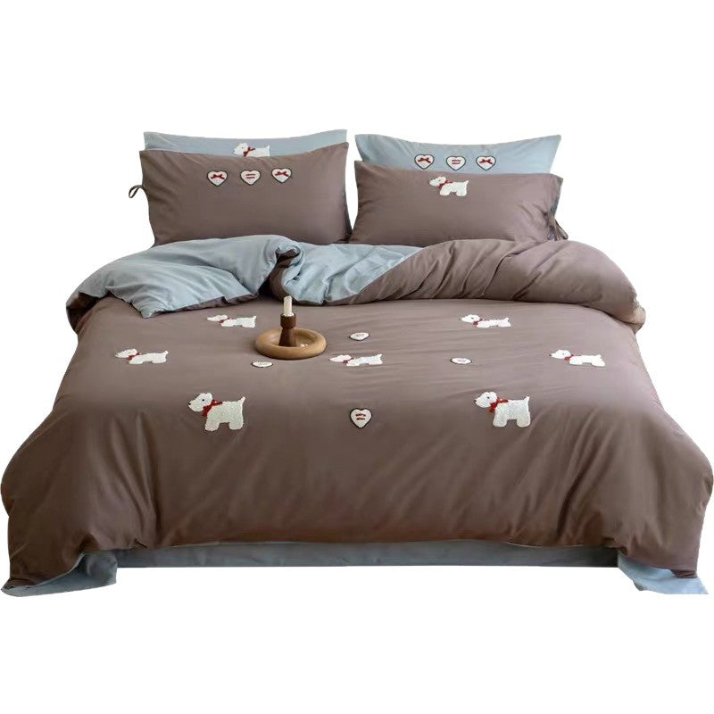 Embroidered Cotton Sateen Duvet Cover Set with Appliqué Dog Motifs and Reversible Pillowcases