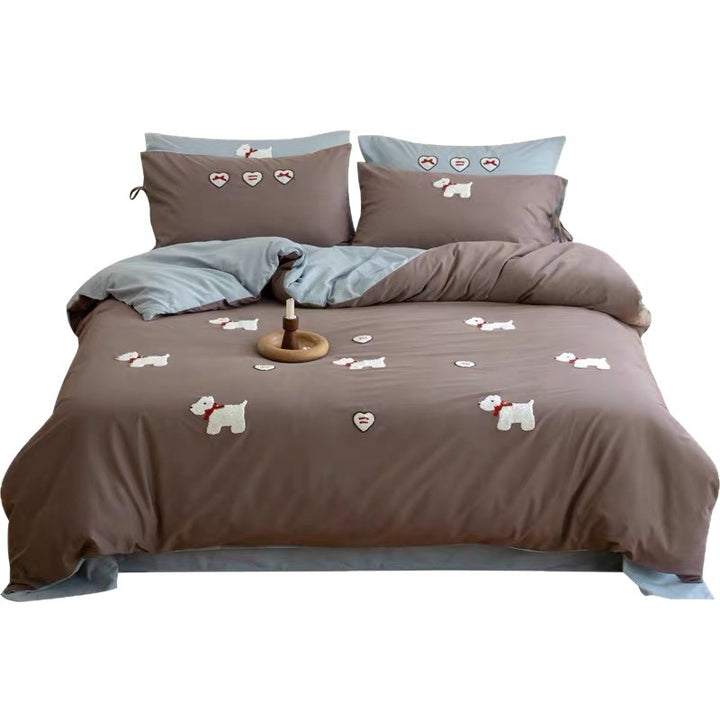 Embroidered Cotton Sateen Duvet Cover Set with Appliqué Dog Motifs and Reversible Pillowcases