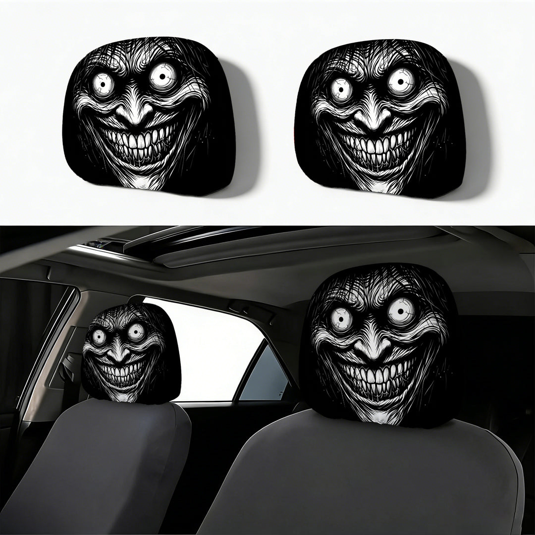 Car headrest cover with retro horror motif
