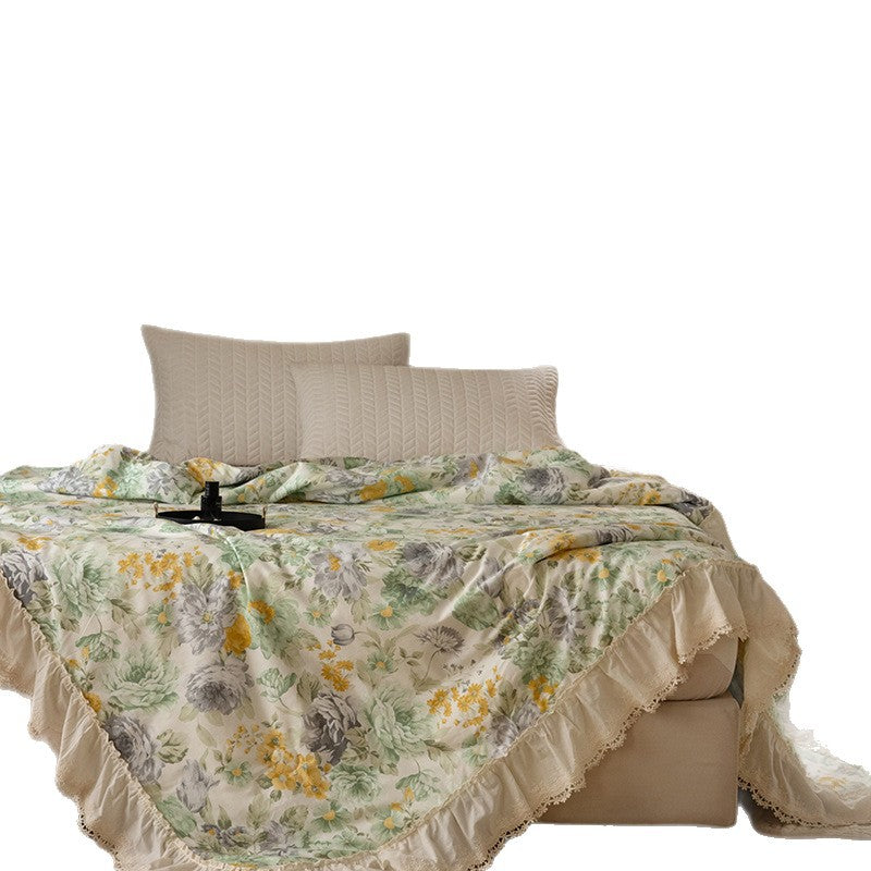 Floral Quilted Throw Blanket with Lace Ruffle Trim