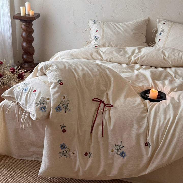 Embroidered Washed-Linen Duvet Cover Set with Lace-Edge and Ribbon-Tie Pillow Shams