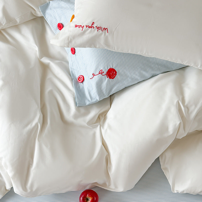 Cotton Sateen Reversible Duvet Cover Set with Embroidered Button Accents and Deep-Pocket Fitted Sheet