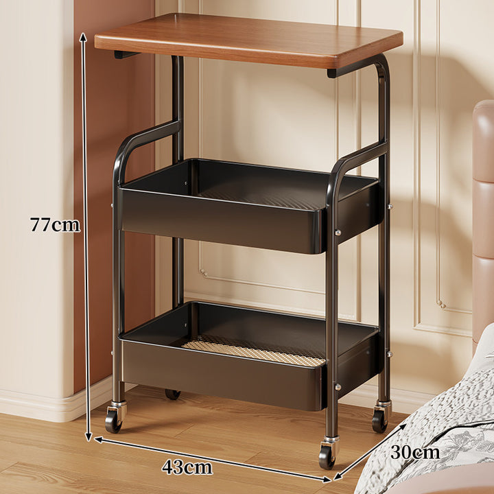 Narrow Rolling Utility Trolley with Walnut Top and Dual Deep Metal Bins