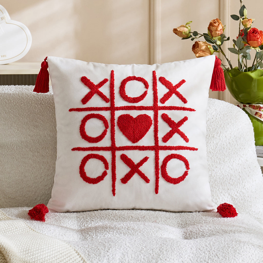 Tufted Tic-Tac-Toe Chenille Decorative Throw Pillow with Corner Tassels