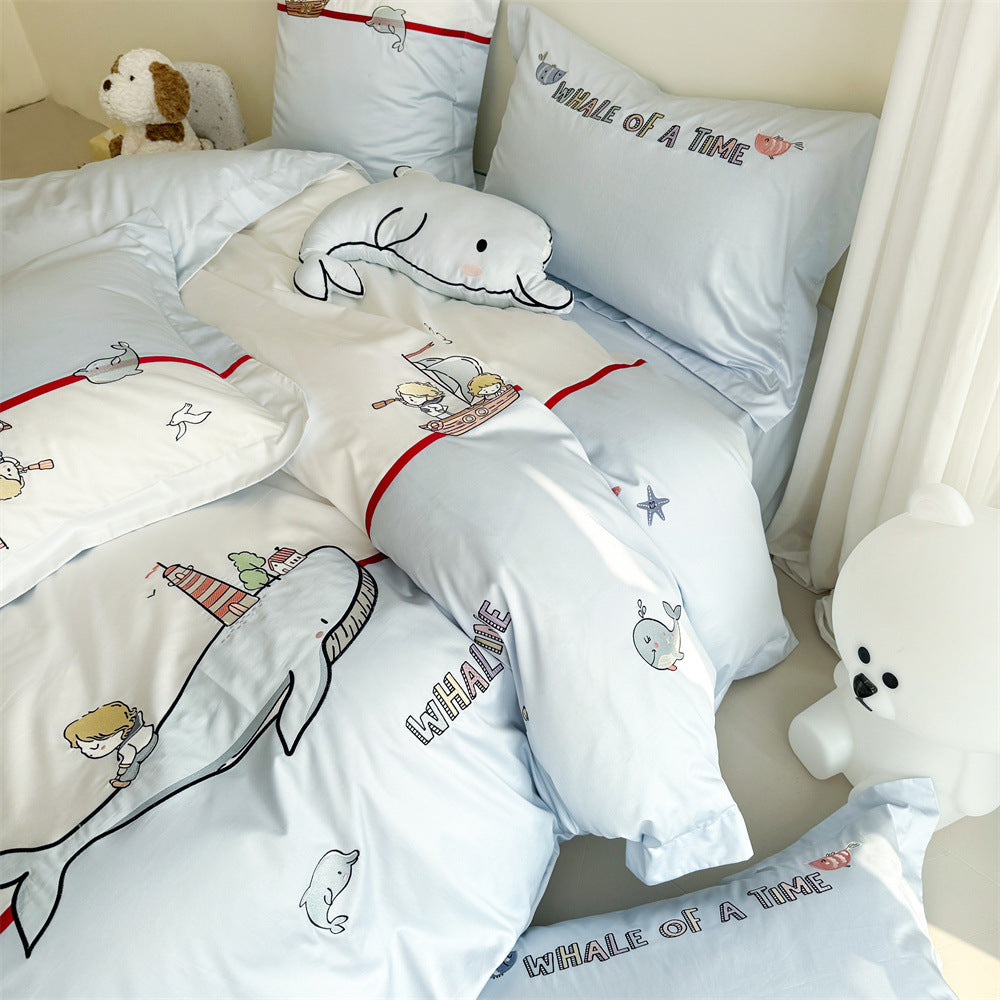 Children's Cotton Sateen Whale-Illustration Duvet Cover Set with Pillow Shams and Plush Accent Cushion