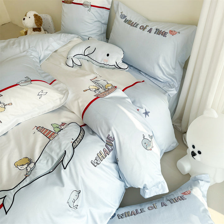 Children's Cotton Sateen Whale-Illustration Duvet Cover Set with Pillow Shams and Plush Accent Cushion