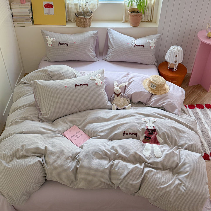 Embroidered Cotton-Linen Duvet Cover Set with Playful Cat and Rose Motif