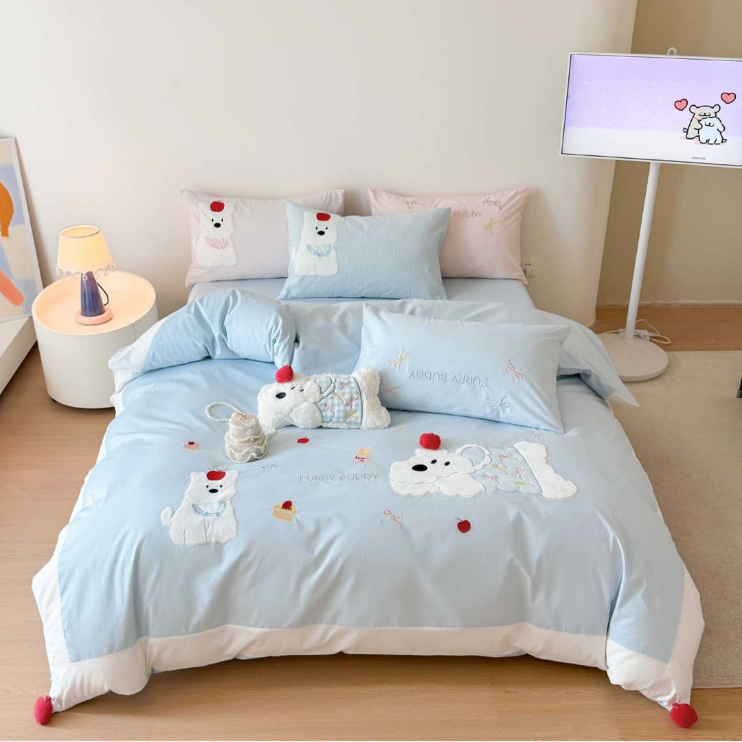 Embroidered Plush Bear Cotton Duvet Cover Set
